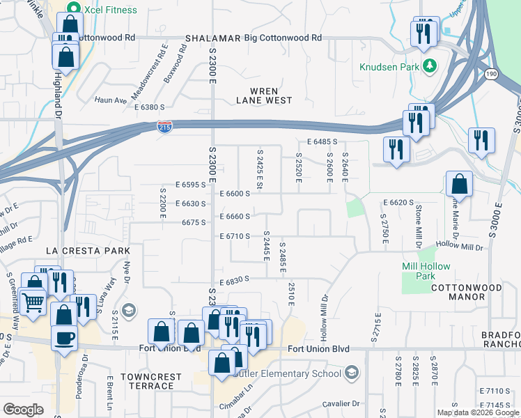 map of restaurants, bars, coffee shops, grocery stores, and more near 2425 East 6660 South in Cottonwood Heights
