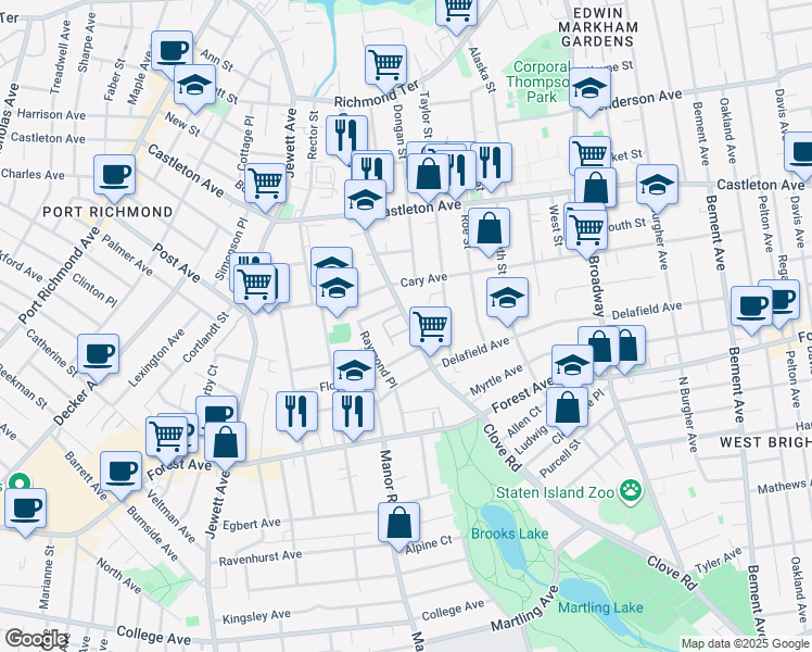 map of restaurants, bars, coffee shops, grocery stores, and more near 15 Guinevere Lane in Staten Island
