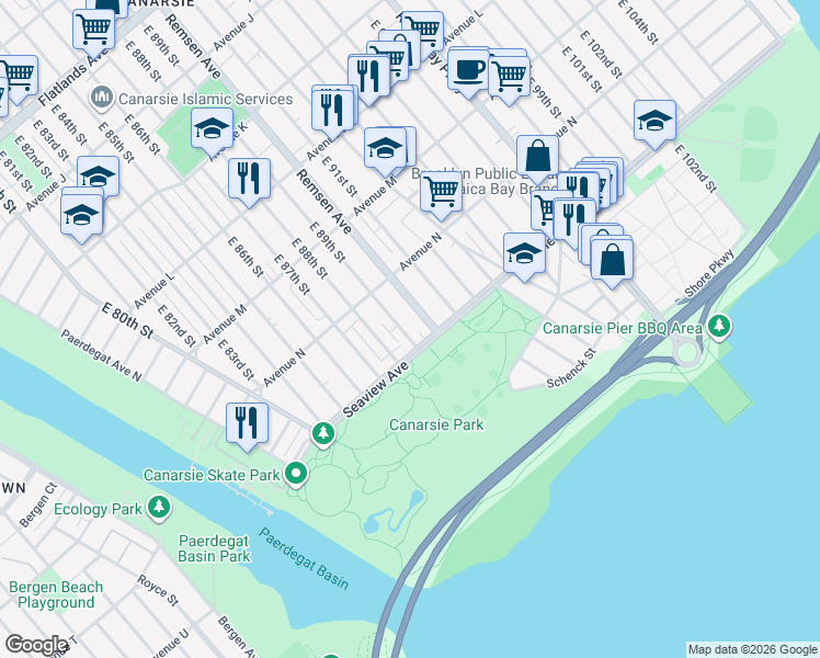 map of restaurants, bars, coffee shops, grocery stores, and more near 1465 East 89th Street in Brooklyn