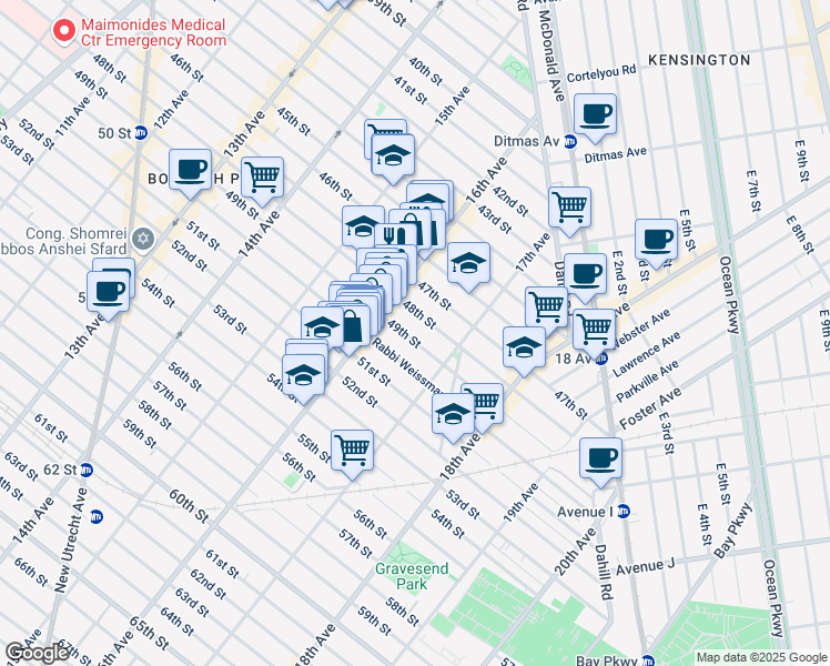 map of restaurants, bars, coffee shops, grocery stores, and more near 1635 49th Street in Brooklyn