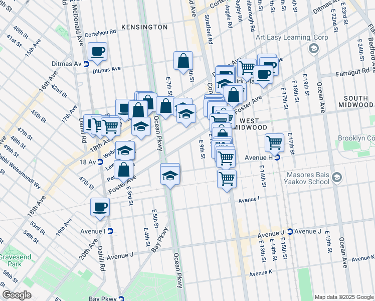map of restaurants, bars, coffee shops, grocery stores, and more near 772 East 8th Street in Brooklyn