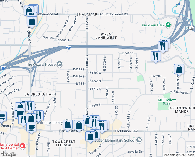 map of restaurants, bars, coffee shops, grocery stores, and more near 2341 East 6660 South in Cottonwood Heights