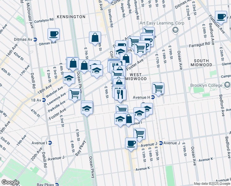 map of restaurants, bars, coffee shops, grocery stores, and more near 1106 Coney Island Avenue in Brooklyn