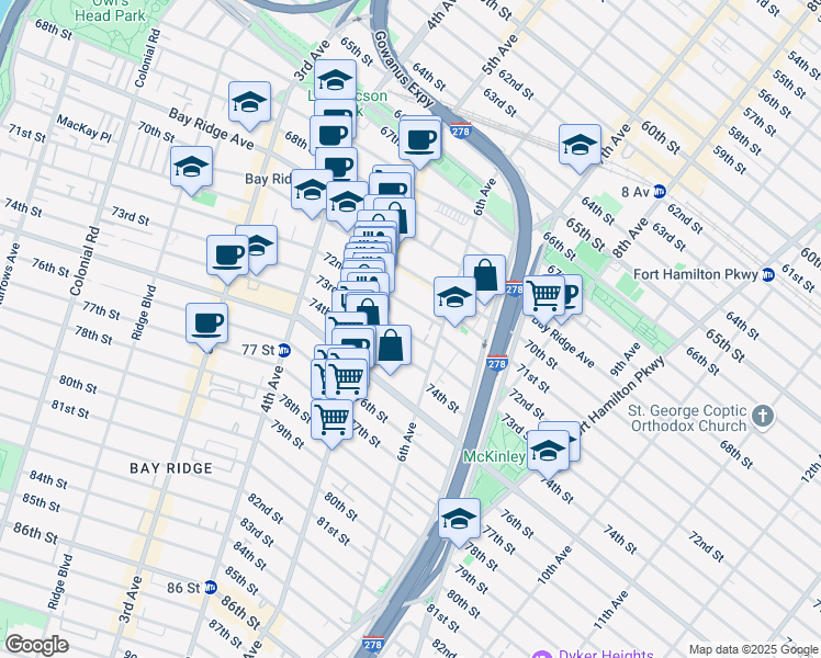 map of restaurants, bars, coffee shops, grocery stores, and more near 553 73rd Street in Brooklyn