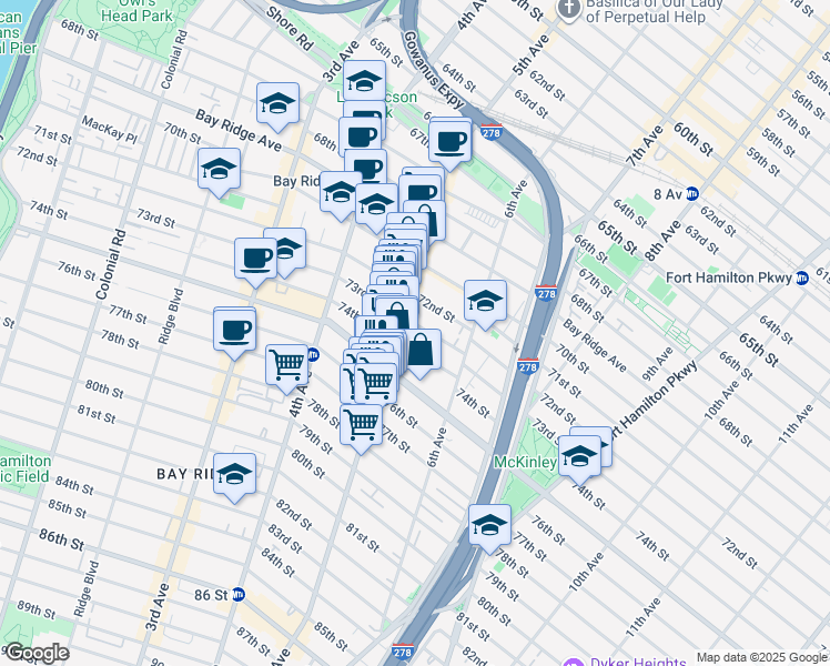 map of restaurants, bars, coffee shops, grocery stores, and more near 7402 5th Avenue in Brooklyn