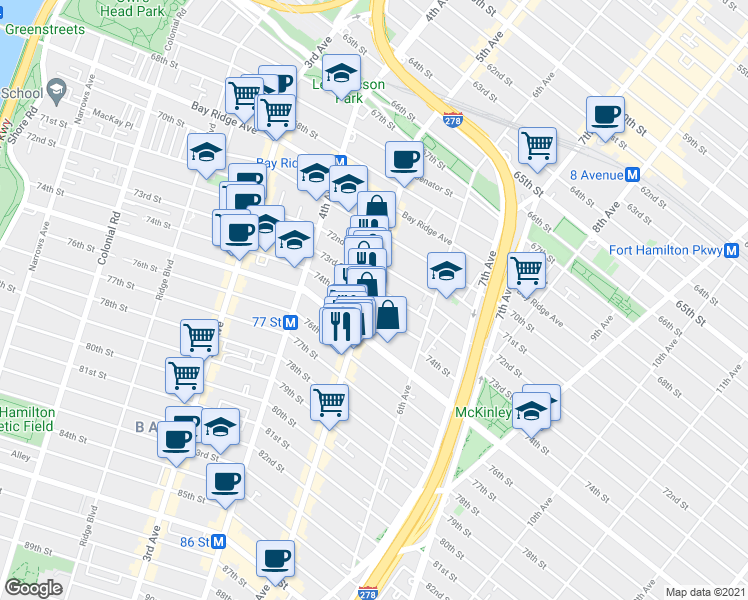 map of restaurants, bars, coffee shops, grocery stores, and more near 7402 5th Avenue in Brooklyn