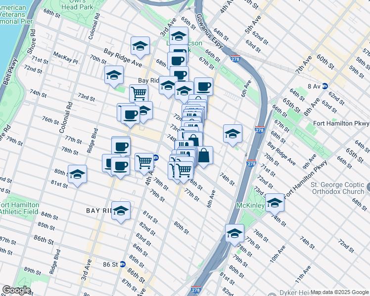 map of restaurants, bars, coffee shops, grocery stores, and more near 454 74th Street in Brooklyn