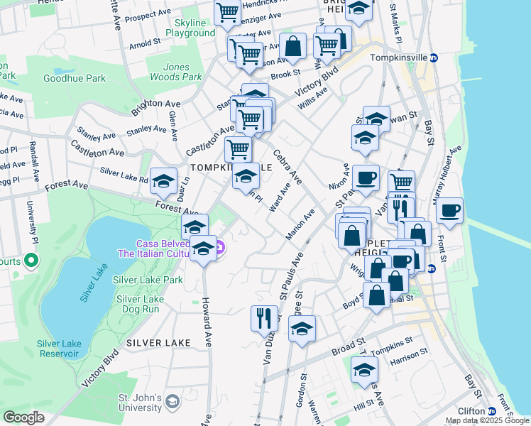 map of restaurants, bars, coffee shops, grocery stores, and more near 252 Ward Avenue in Staten Island