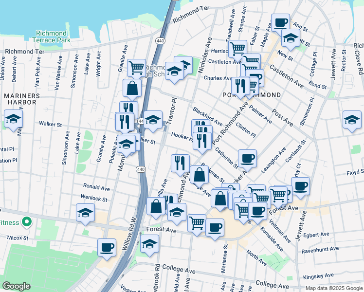 map of restaurants, bars, coffee shops, grocery stores, and more near 43 Walker Street in Staten Island
