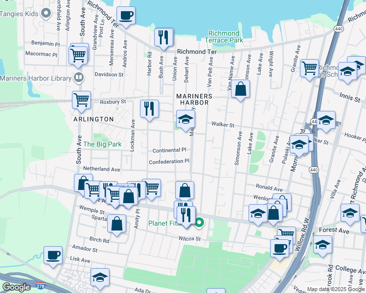 map of restaurants, bars, coffee shops, grocery stores, and more near 116 Maple Parkway in Staten Island