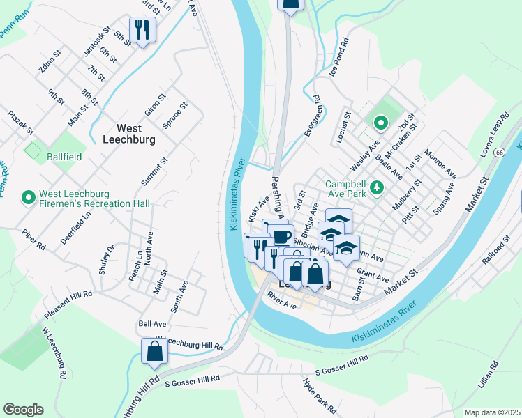 map of restaurants, bars, coffee shops, grocery stores, and more near 27 Kiski Avenue in Leechburg