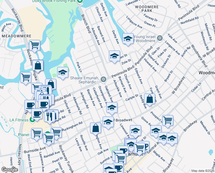 map of restaurants, bars, coffee shops, grocery stores, and more near 520 Oakland Avenue in Cedarhurst