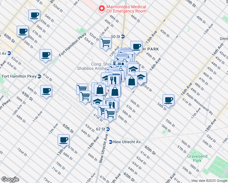 map of restaurants, bars, coffee shops, grocery stores, and more near 1301 57th Street in Brooklyn
