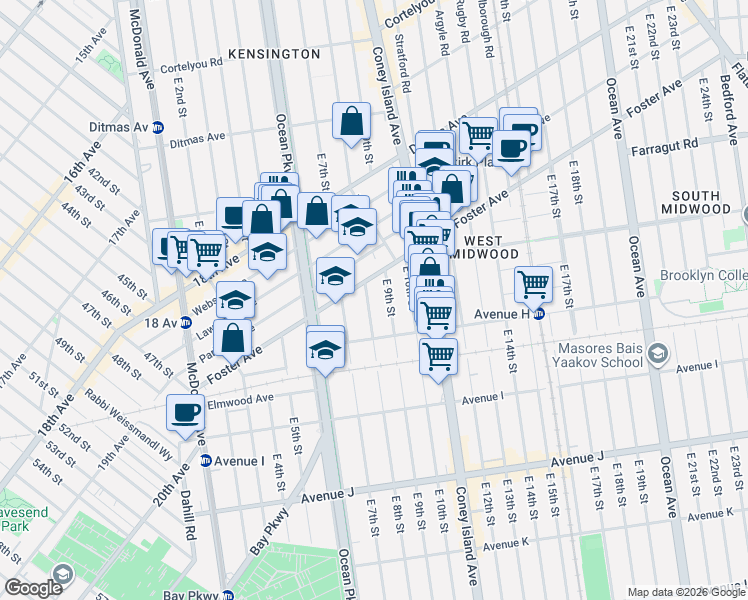 map of restaurants, bars, coffee shops, grocery stores, and more near 772 East 8th Street in Brooklyn