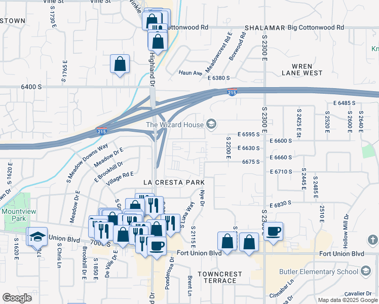 map of restaurants, bars, coffee shops, grocery stores, and more near Gallantry Way in Cottonwood Heights