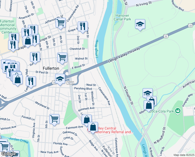 map of restaurants, bars, coffee shops, grocery stores, and more near 577 Catasauqua Avenue in Fullerton