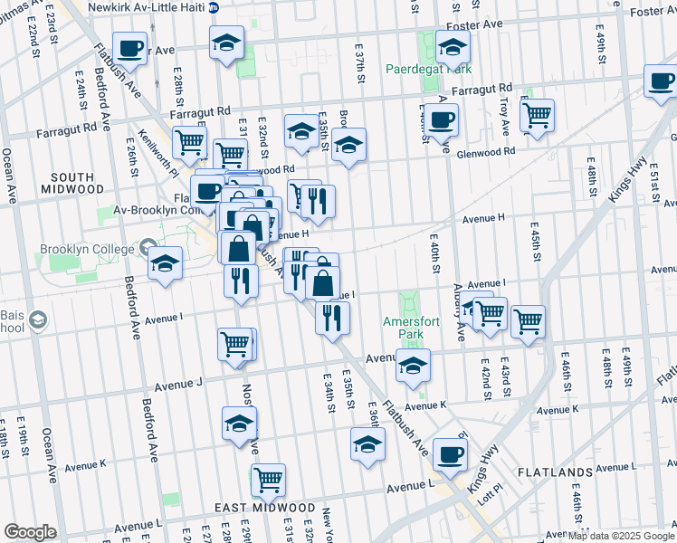 map of restaurants, bars, coffee shops, grocery stores, and more near 989 East 35th Street in Brooklyn