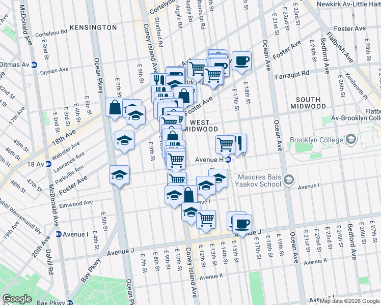 map of restaurants, bars, coffee shops, grocery stores, and more near 765 Westminster Road in Brooklyn