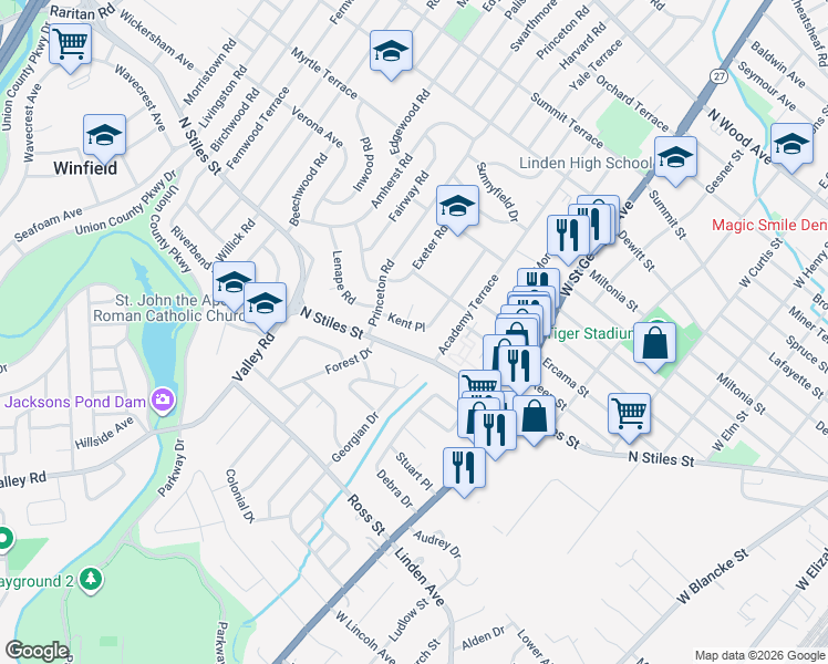 map of restaurants, bars, coffee shops, grocery stores, and more near 1301 Kent Place in Linden