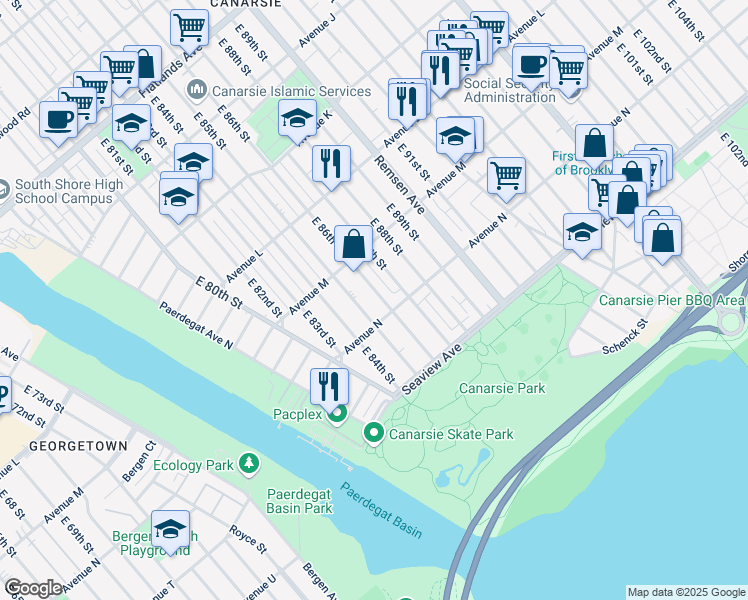 map of restaurants, bars, coffee shops, grocery stores, and more near 1364 East 86th Street in Brooklyn