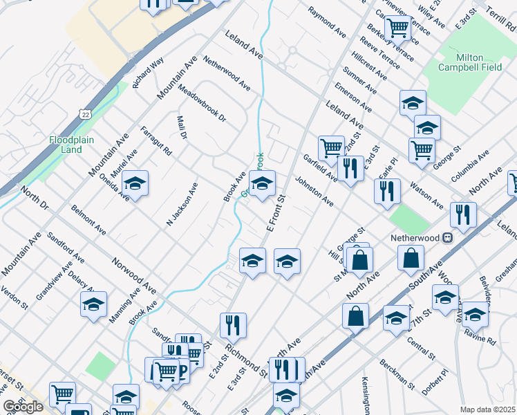 map of restaurants, bars, coffee shops, grocery stores, and more near 2 Farragut Road in Plainfield