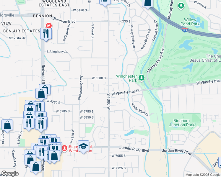 map of restaurants, bars, coffee shops, grocery stores, and more near 6660 South Ryker Vista Lane in Murray