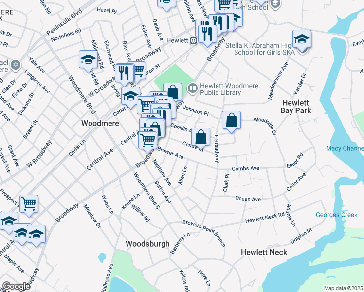 map of restaurants, bars, coffee shops, grocery stores, and more near 39 Centre Street in Woodmere