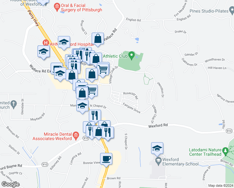map of restaurants, bars, coffee shops, grocery stores, and more near 315 Rosecliff Road in Wexford