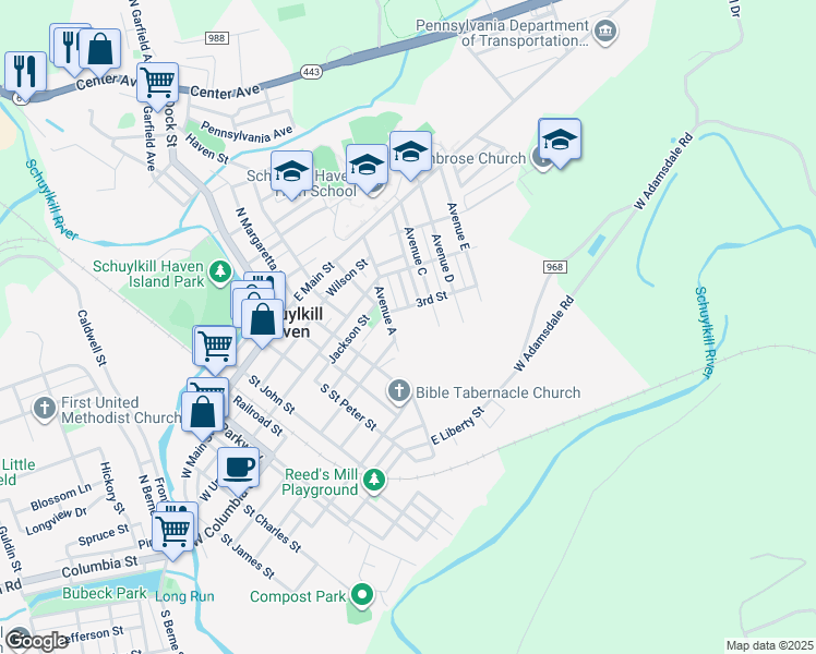 map of restaurants, bars, coffee shops, grocery stores, and more near 164 Avenue B in Schuylkill Haven