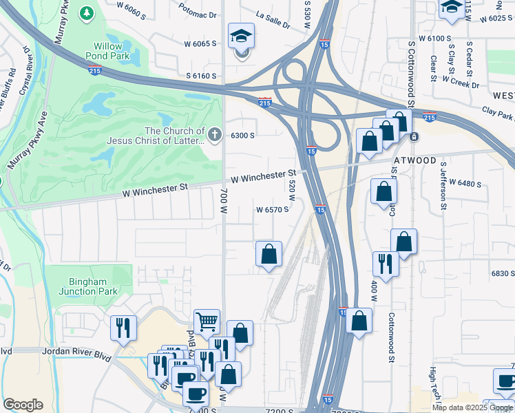 map of restaurants, bars, coffee shops, grocery stores, and more near 608 West 6570 South in Murray
