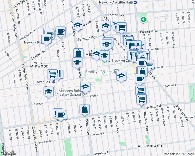 map of restaurants, bars, coffee shops, grocery stores, and more near 2910 Bedford Avenue in Brooklyn