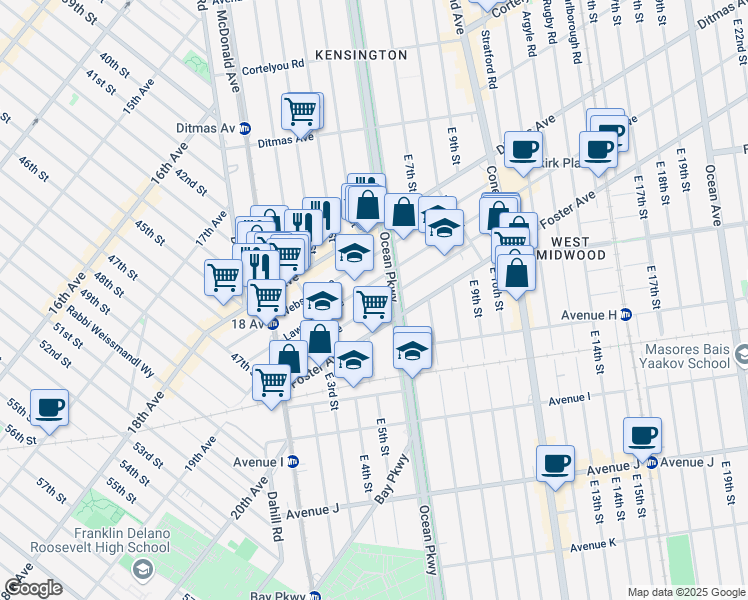 map of restaurants, bars, coffee shops, grocery stores, and more near 173 Parkville Avenue in Brooklyn