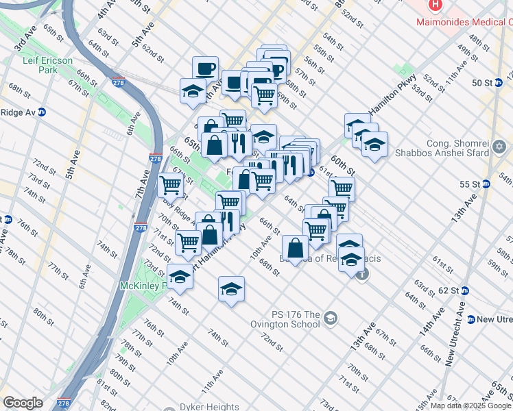 map of restaurants, bars, coffee shops, grocery stores, and more near 6512 Fort Hamilton Parkway in Brooklyn