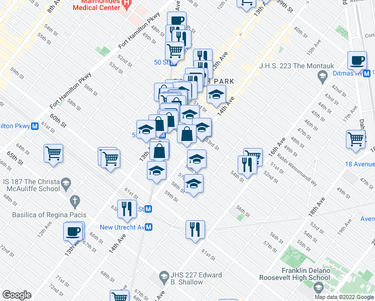 map of restaurants, bars, coffee shops, grocery stores, and more near 1373 55th Street in Brooklyn