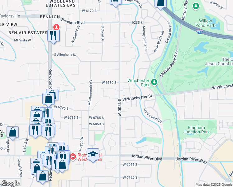 map of restaurants, bars, coffee shops, grocery stores, and more near 1327 West Wallsburg Drive in Taylorsville