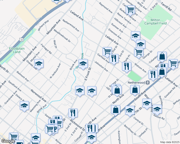 map of restaurants, bars, coffee shops, grocery stores, and more near 853 East Front Street in Plainfield