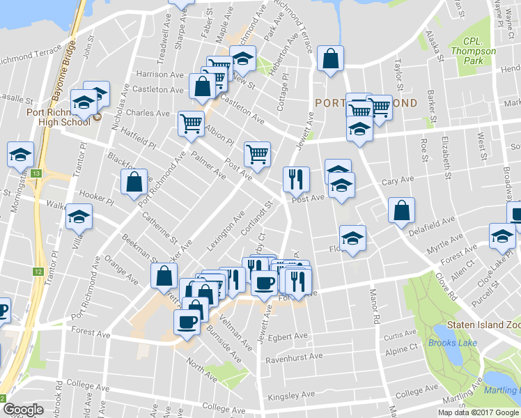 map of restaurants, bars, coffee shops, grocery stores, and more near 6 Palmer Avenue in Staten Island