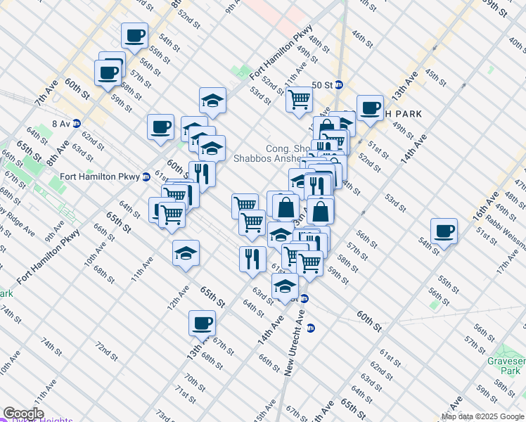 map of restaurants, bars, coffee shops, grocery stores, and more near 1221 59th Street in Brooklyn