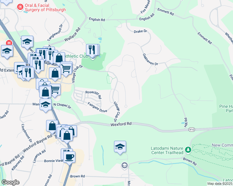 map of restaurants, bars, coffee shops, grocery stores, and more near 117 Kestler Drive in Wexford
