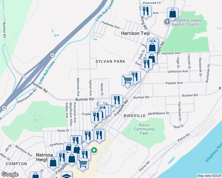 map of restaurants, bars, coffee shops, grocery stores, and more near 1517 Caroline Street in Natrona Heights