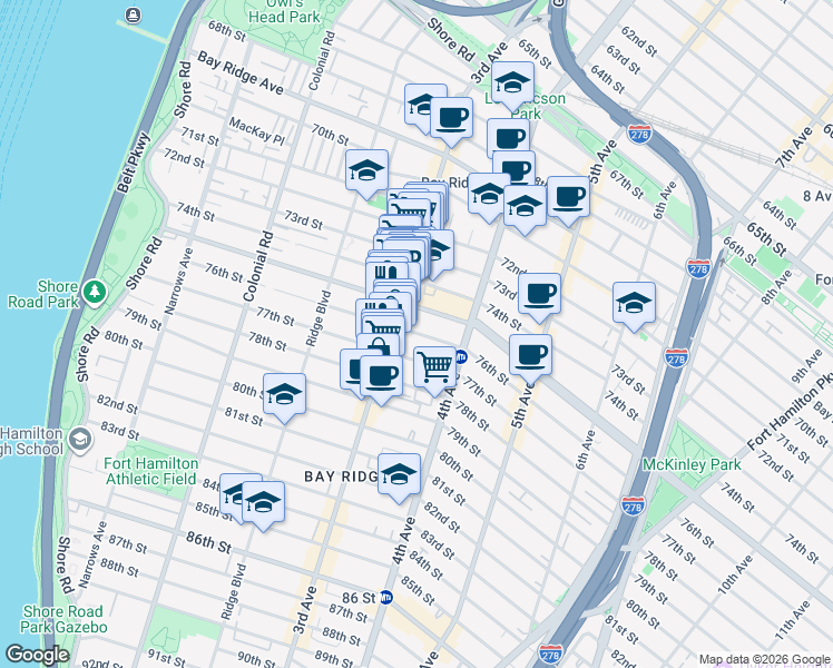 map of restaurants, bars, coffee shops, grocery stores, and more near 327 76th Street in Brooklyn