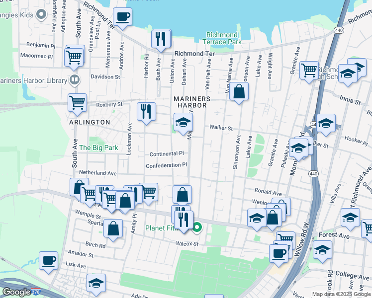 map of restaurants, bars, coffee shops, grocery stores, and more near 116 Maple Parkway in Staten Island