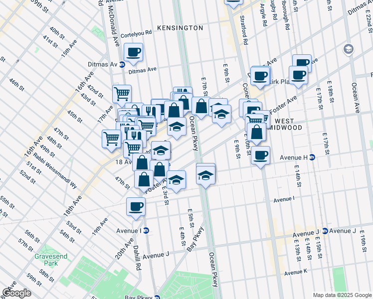 map of restaurants, bars, coffee shops, grocery stores, and more near 173 Parkville Avenue in Brooklyn