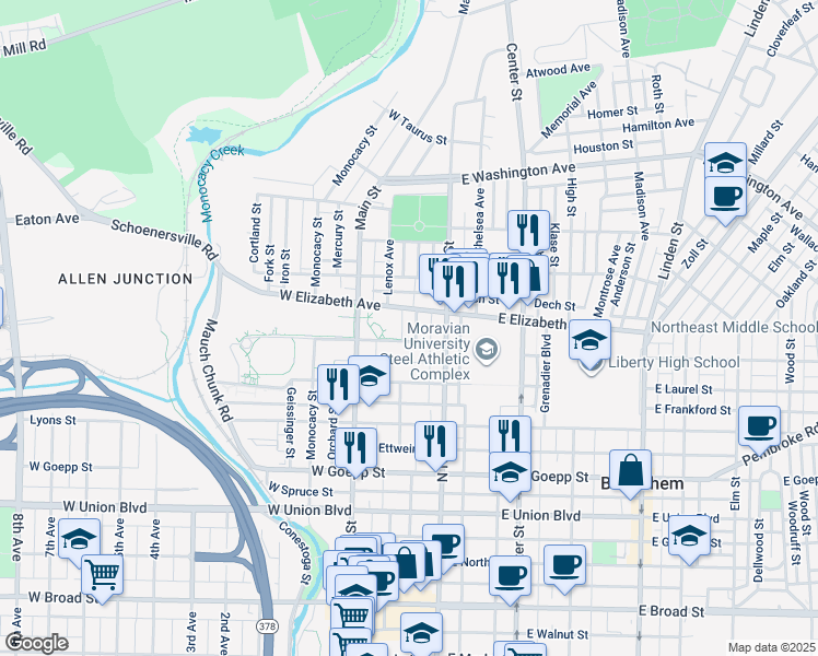 map of restaurants, bars, coffee shops, grocery stores, and more near 1211 Lorain Ave in Bethlehem