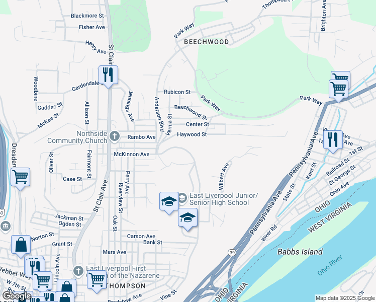 map of restaurants, bars, coffee shops, grocery stores, and more near 90 Maine Boulevard in East Liverpool
