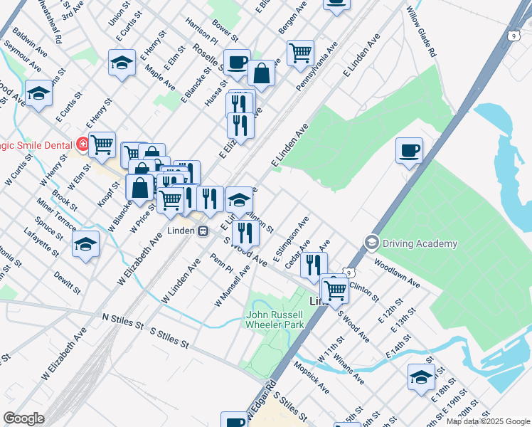 map of restaurants, bars, coffee shops, grocery stores, and more near 112 East Morris Avenue in Linden