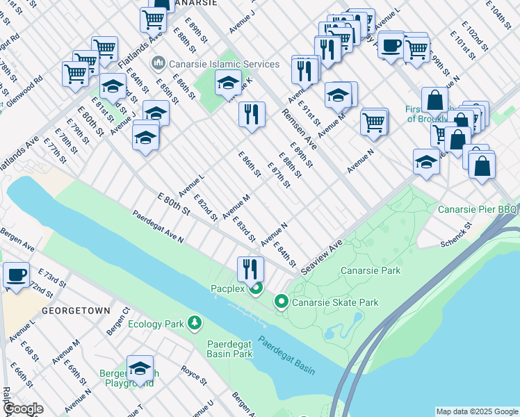 map of restaurants, bars, coffee shops, grocery stores, and more near 1332 E 85th St in Brooklyn