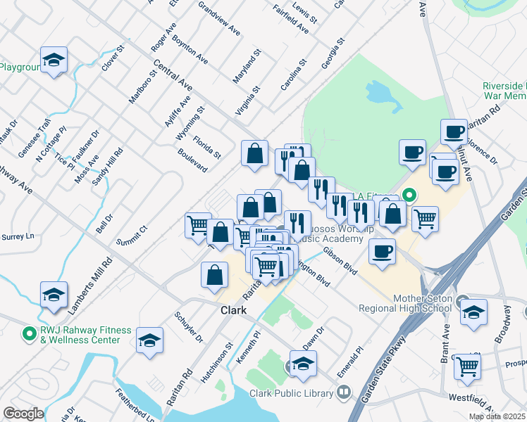 map of restaurants, bars, coffee shops, grocery stores, and more near 3 Myra Place in Clark