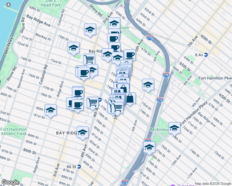 map of restaurants, bars, coffee shops, grocery stores, and more near 460 74th Street in Brooklyn