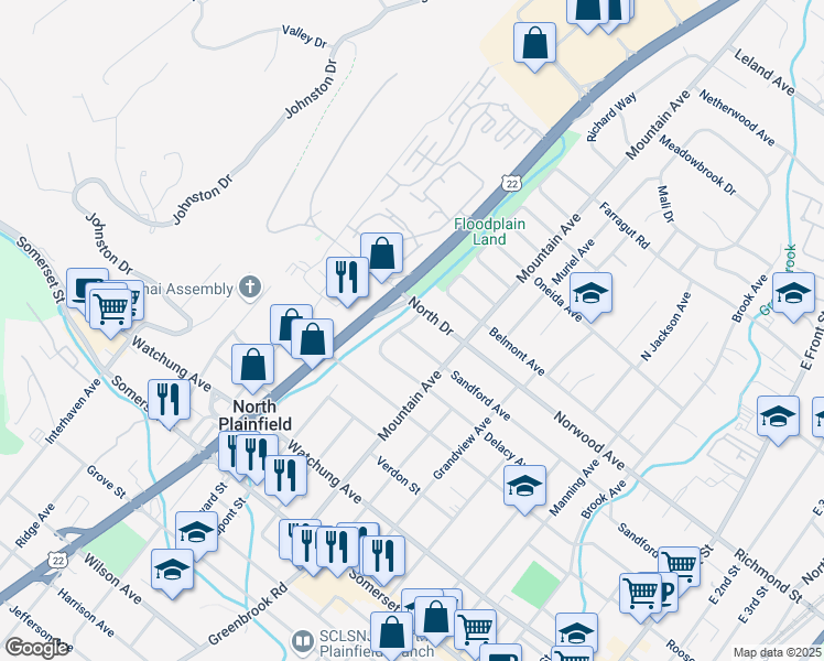 map of restaurants, bars, coffee shops, grocery stores, and more near 260 Sandford Avenue in North Plainfield